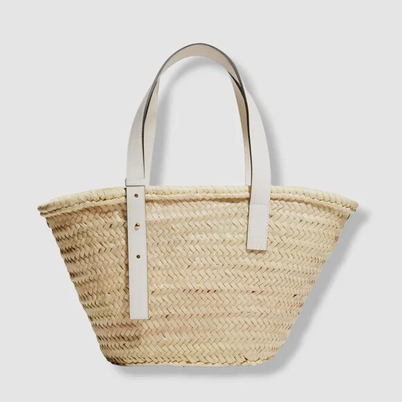 $245 Poolside Women's Beige The Essaouira Straw Medium Leather Tote Bag Purse - Picture 1 of 6